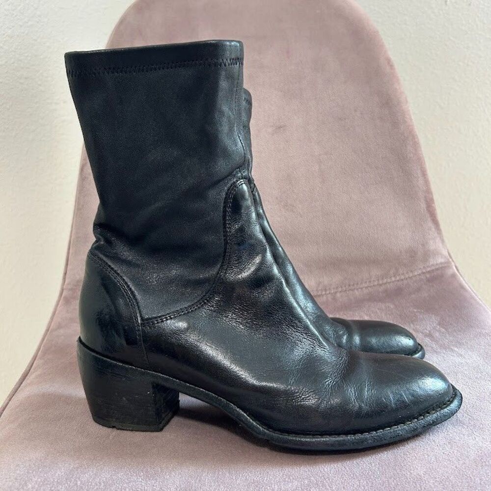 Lemargo Leather Mid Calf Boots 38.5 US 8 Black Zip Wooden Heel Italy